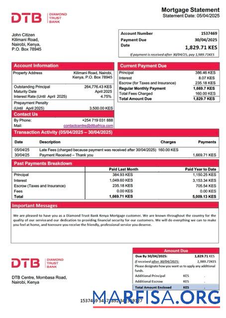Downloadable Kenya Diamond Trust Bank Kenya mortgage statement Word and PDF template